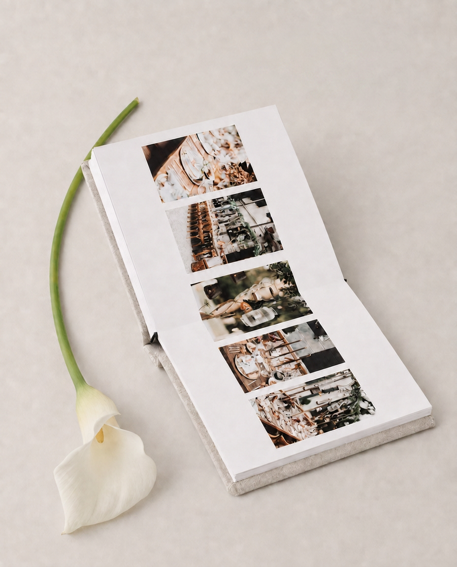 An open wedding volume preserving an elegant celebration