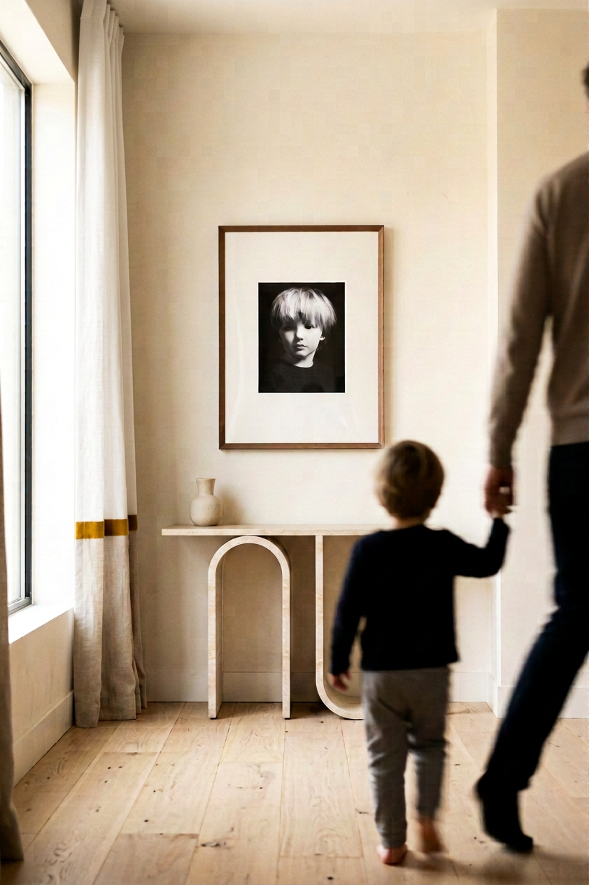 A framed black-and-white child portrait displayed in a warm family home