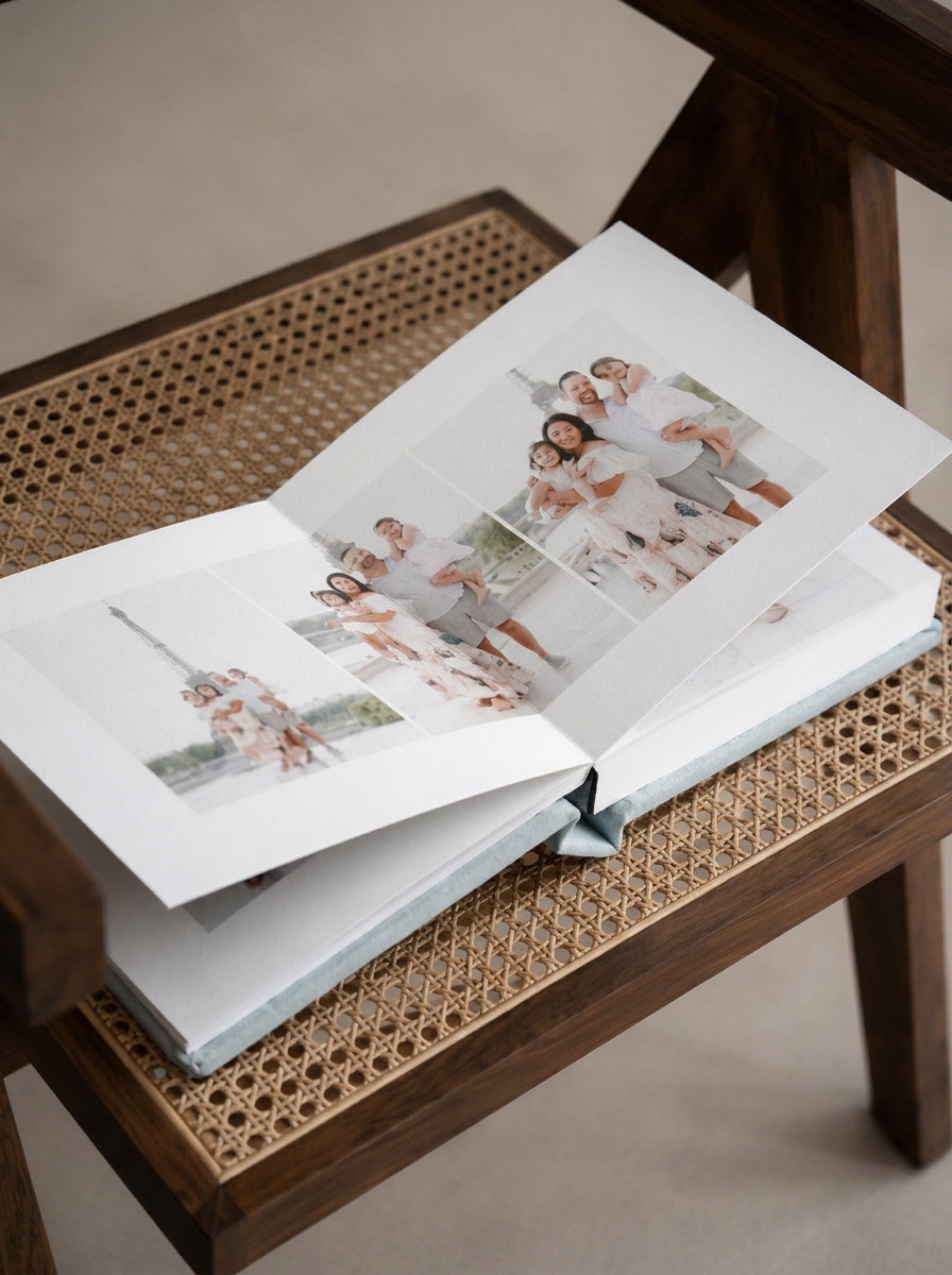 An open bespoke Project Love album displayed in a warm Italian interior