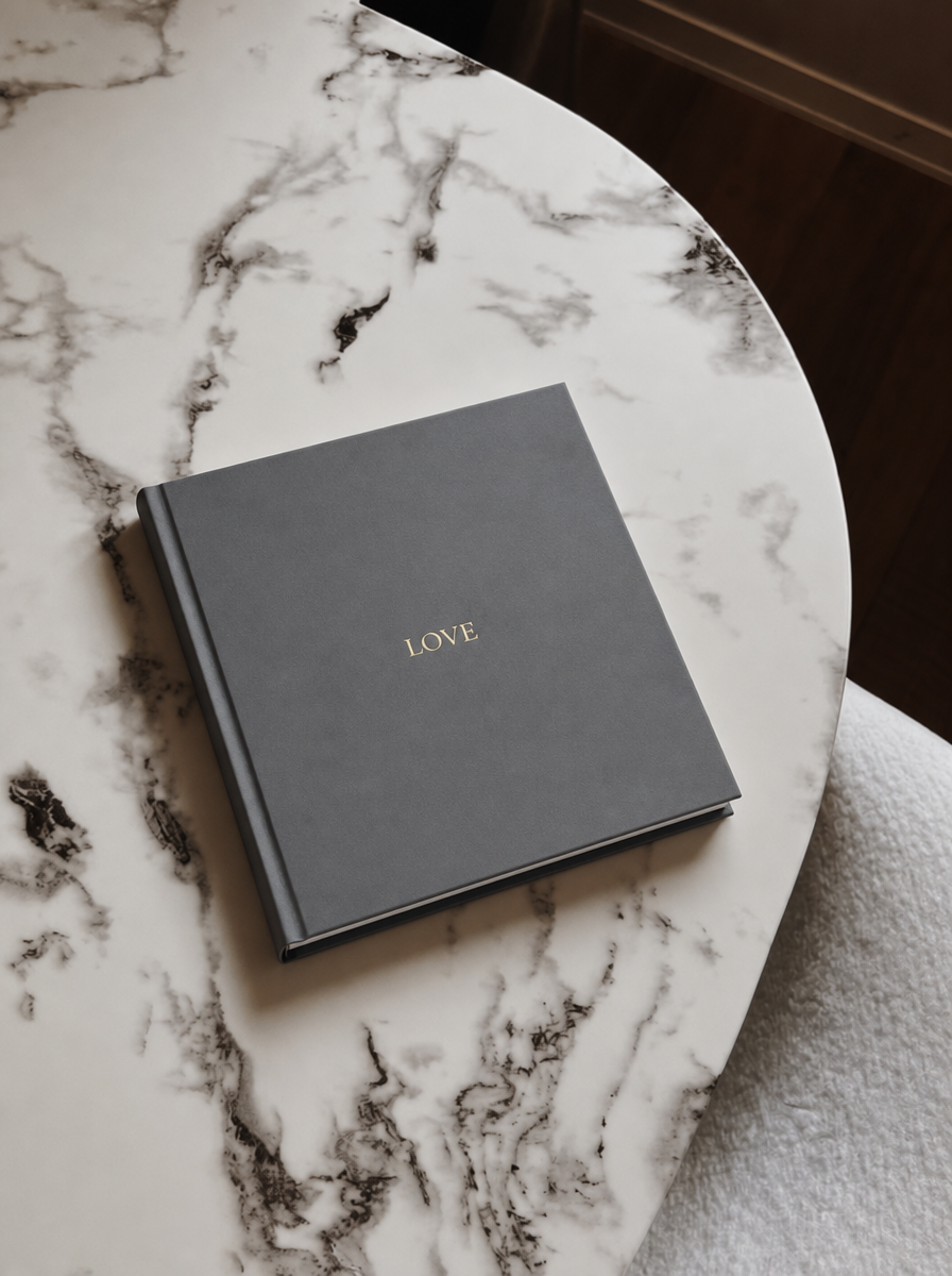 Coffee Table Graphite book with LOVE title on a marble table