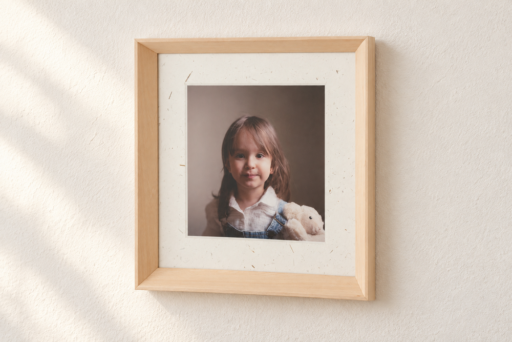 Child portrait framed with floral fibre paper and pale wood