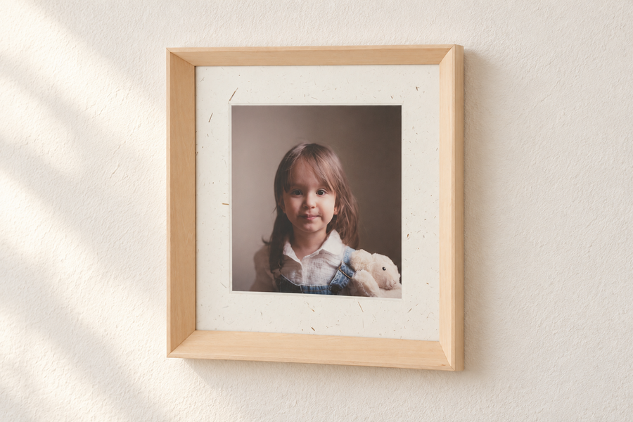Child portrait framed with floral fibre paper and pale wood